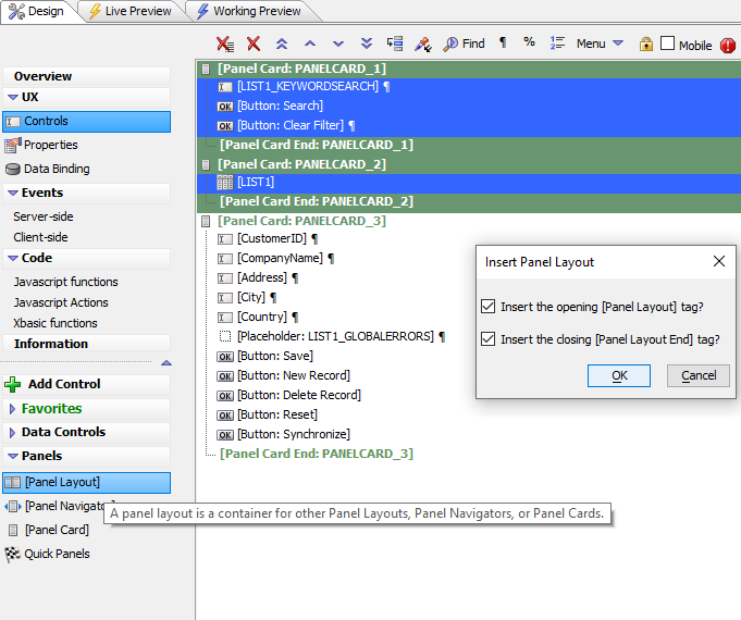 Adding a Panel Layout to contain the Search and List.